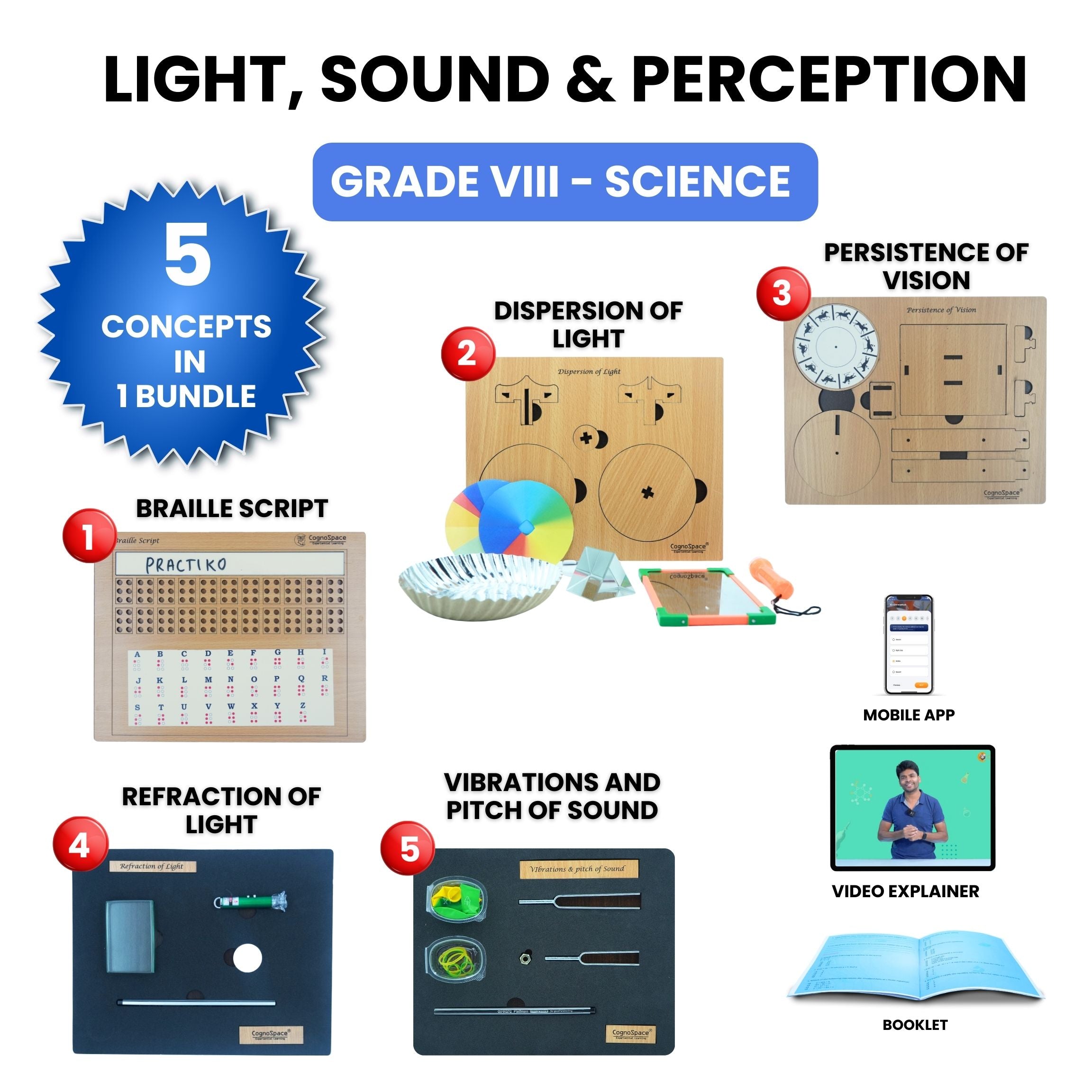 Practiko Class 8 Science Kit – Light, Sound & Perception experiment setup; Student performing Light, Sound & Perception activity – Practiko science learning kit; Science concept demonstration from Light, Sound & Perception kit by Practiko; Hands-on learning with Practiko Light, Sound & Perception science STEM kit; Light, Sound & Perception kit materials and tools for Grade 8 science experiments